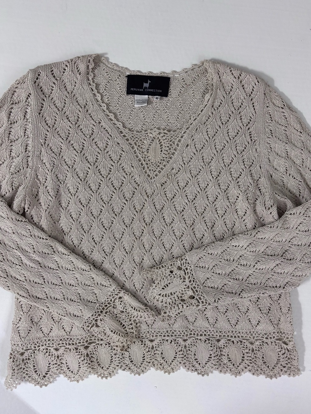 Peruvian Connection Crochet Knit Feminine Sweater Pima Cotton  XL